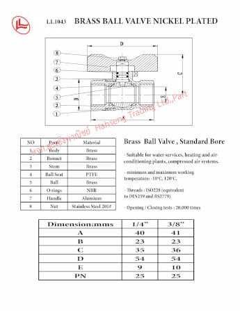 บอล์วาล์วปีกผีเสื้อ LL1043 แบบชุบนิคเกิ้ล 3/8